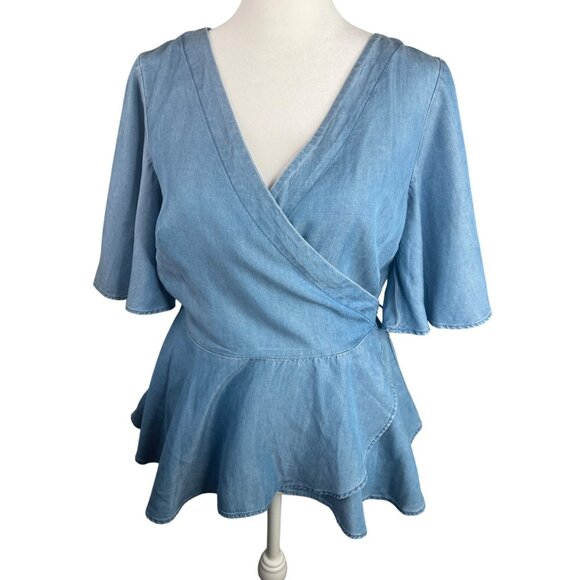 LOFT Chambray Blue Wrap Peplum Top Small Flutter Sleeves Adjustable Tie Waist - Picture 4 of 14